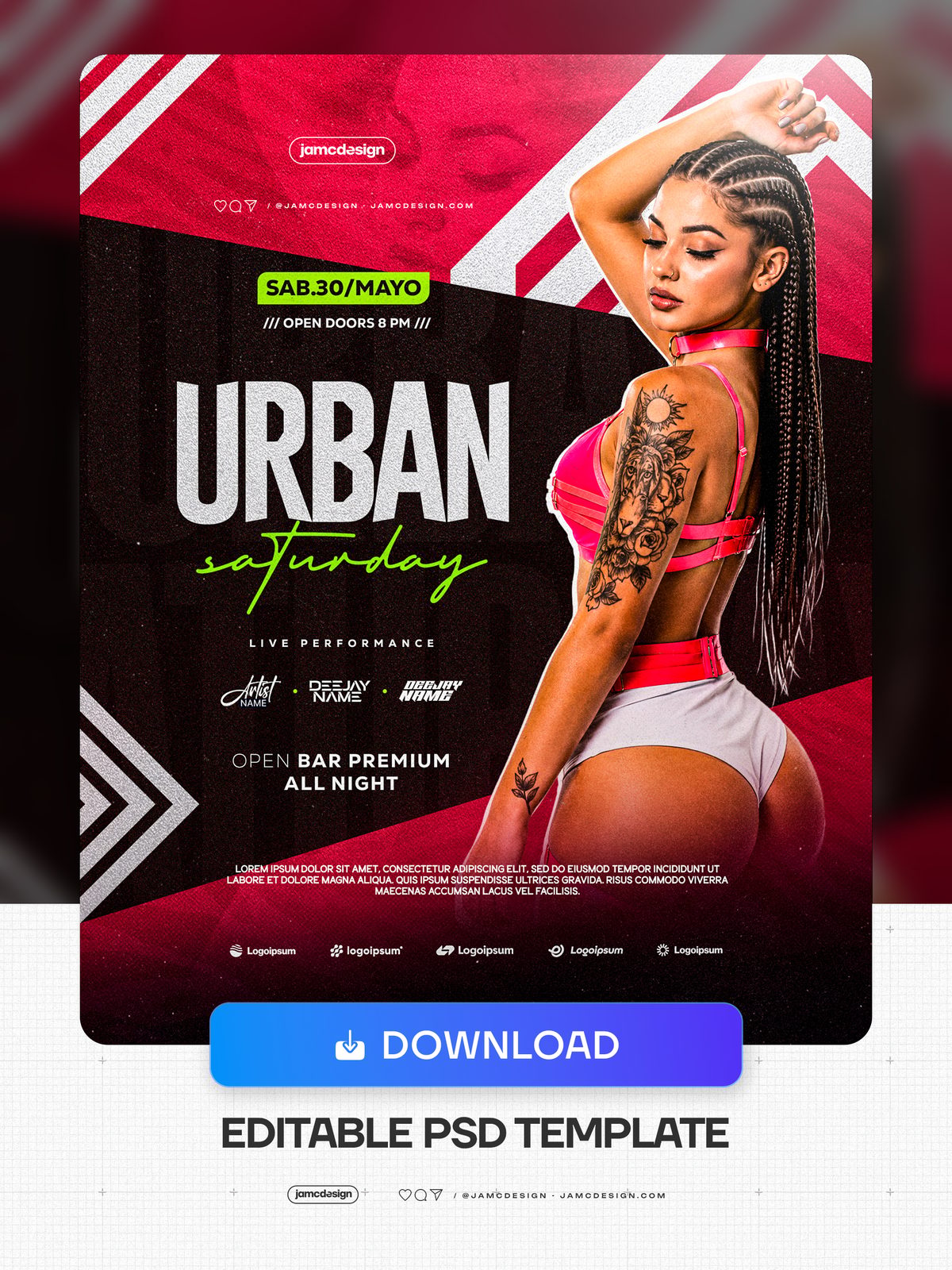 Modelo De Flyer Sábado Urbano PSD Editável. Modelo PSD editável para um flyer de evento urbano de sábado à noite, com composição em vermelho escuro e preto — Prévia adicional