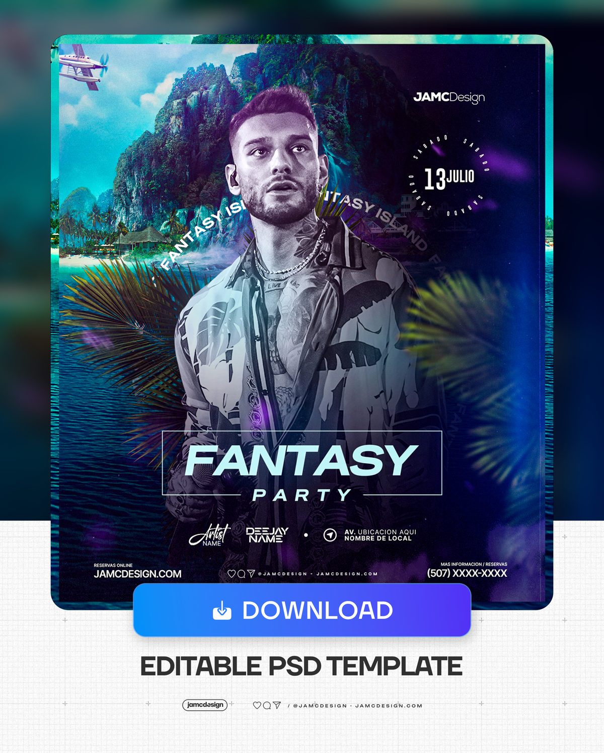 Fantasy Party Flyer Template PSD. Editable PSD template for a tropical party flyer, with a central male portrait against a fantasy island backdrop — Additional preview