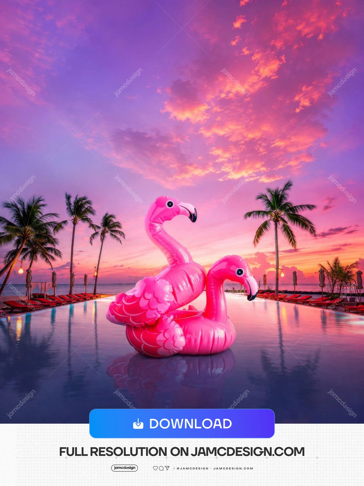 Tropical Sunset Flamingo Pool Pink Inflatables Background. JPG background featuring two bright pink flamingo inflatables in a reflective pool — Additional preview