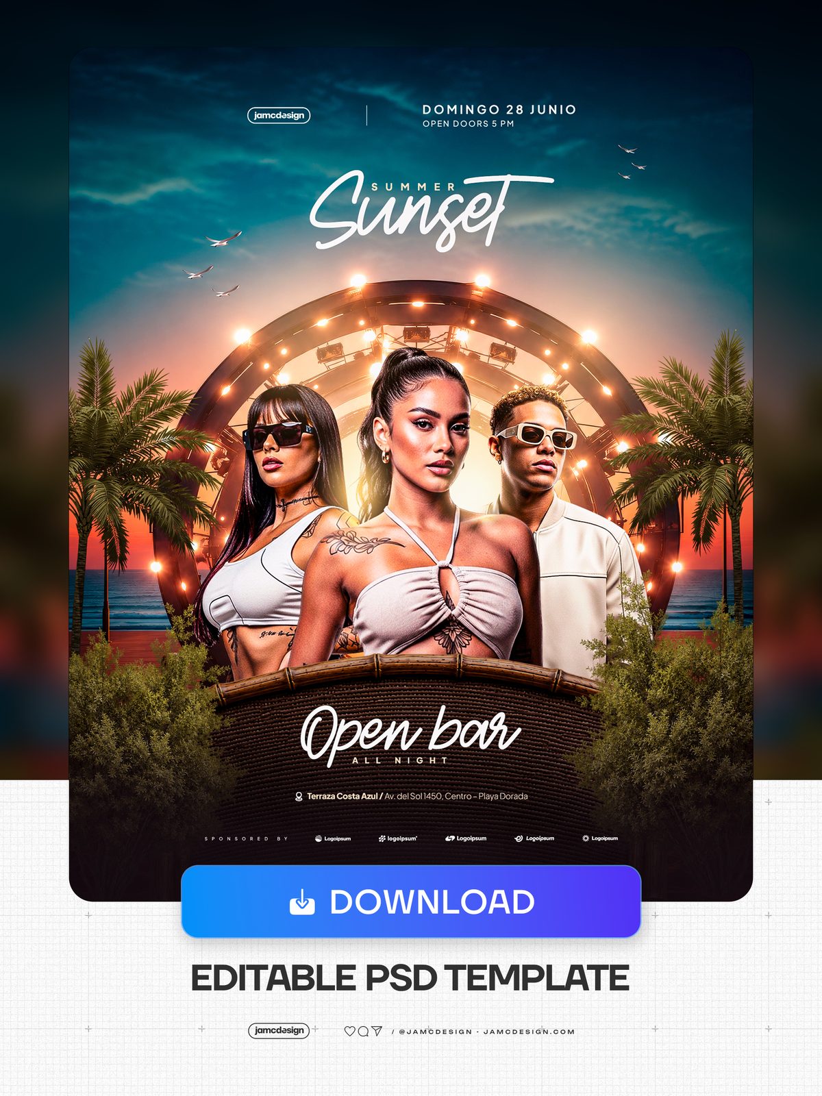 Summer Sunset Flyer With Illuminated Arch PSD. Editable PSD template for a Summer Sunset event flyer, featuring three people wearing sunglasses — Additional preview