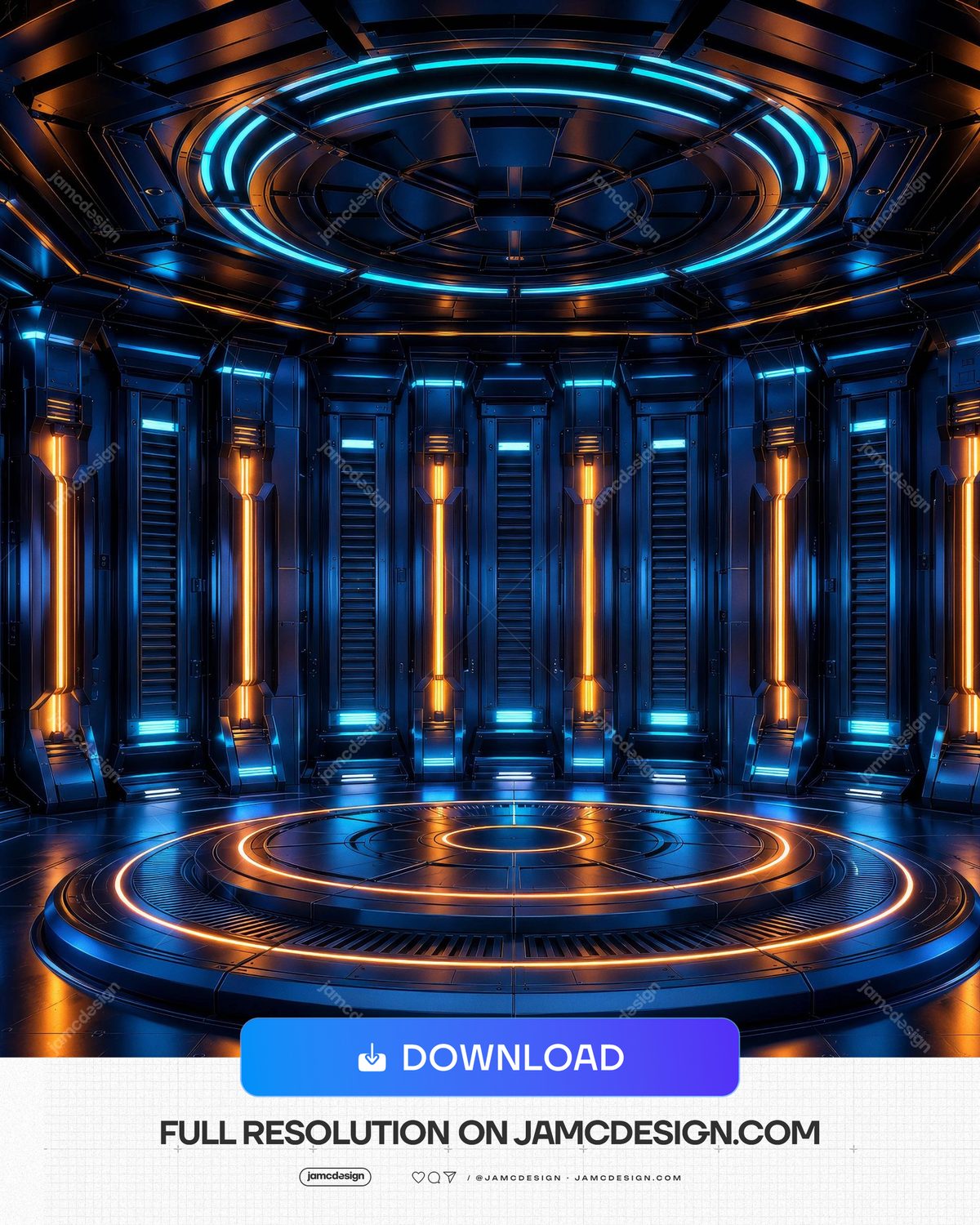 Blue Orange Cyberpunk Neon Platform Stage Background. Cyberpunk circular stage chamber supplied as a JPG, with orange light bars — Additional preview