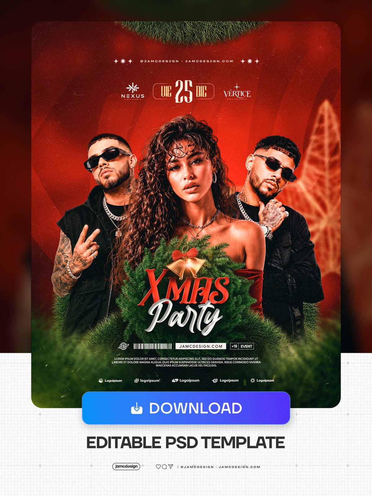Red Christmas Night Event Flyer PSD. Download this editable PSD event flyer for a Christmas party, showing a central woman with two men in sunglasses — Additional preview