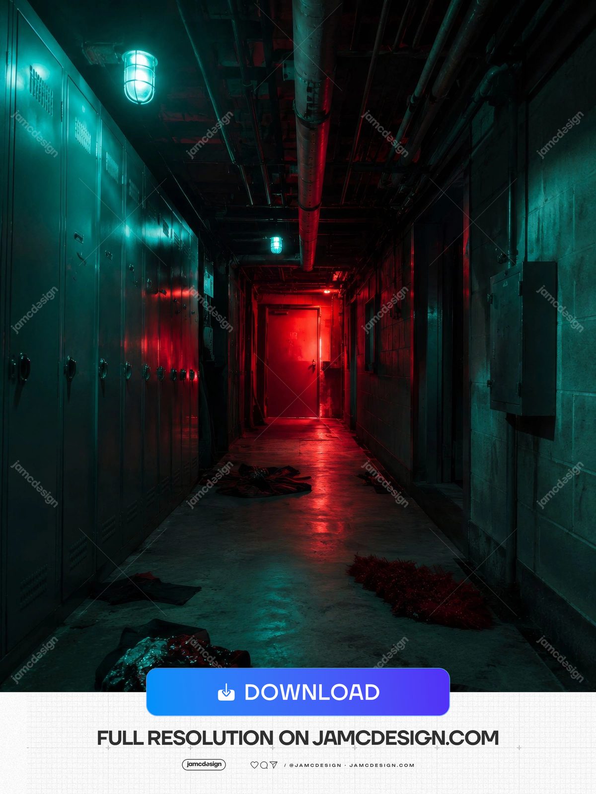 Cheerleader Pom Poms Haunted Locker Room Background. JPG background showing a dark locker room corridor with metal lockers, exposed pipes — Additional preview