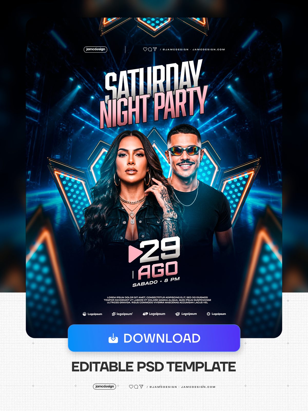 Saturday Night Party Flyer PSD With LED Panels. Editable PSD event flyer template for a Saturday night party — Additional preview