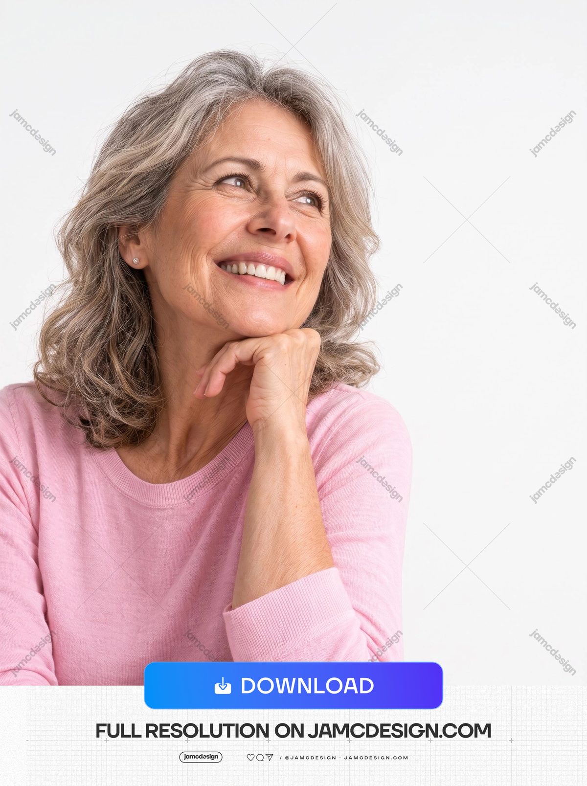Close-Up Photo Of A Smiling Mature Woman. This photorealistic JPG photo shows a smiling mature woman resting her chin on her hand against a bright — Additional preview
