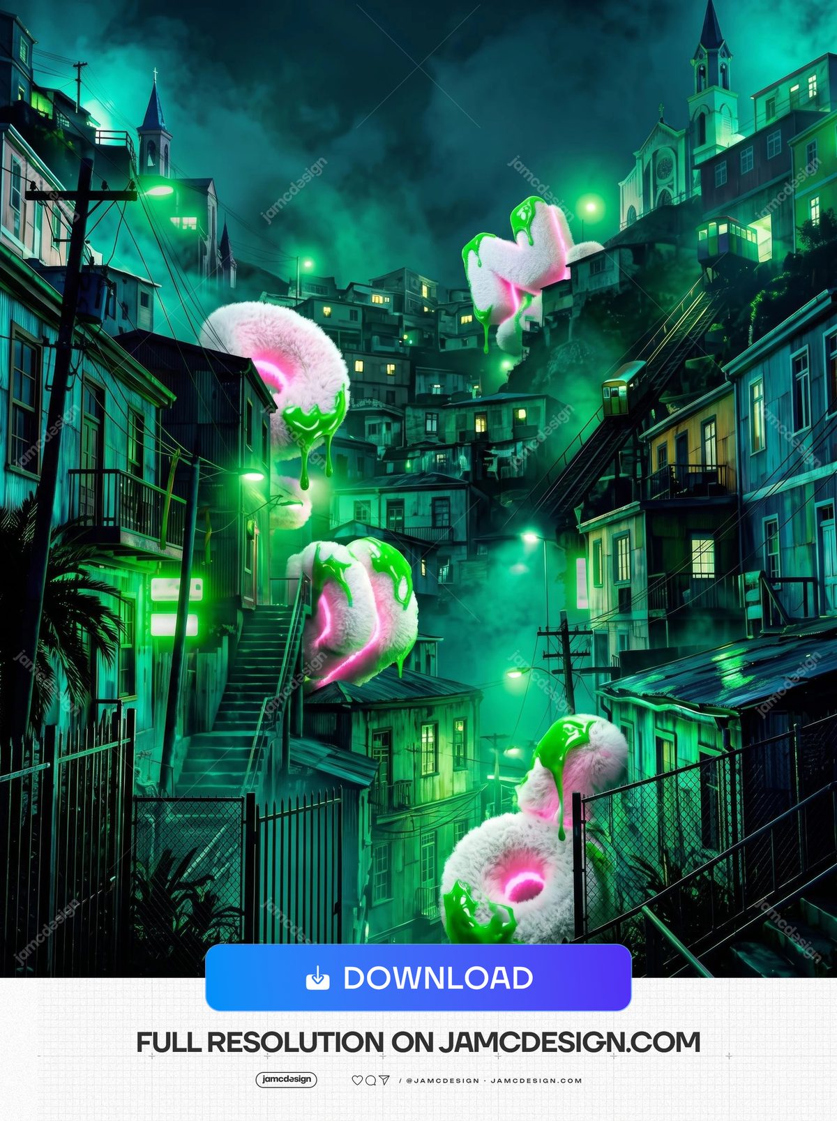 Neon Green Alley With Slime Creatures Background. This JPG background depicts an urban alley filled with glowing green lights — Additional preview