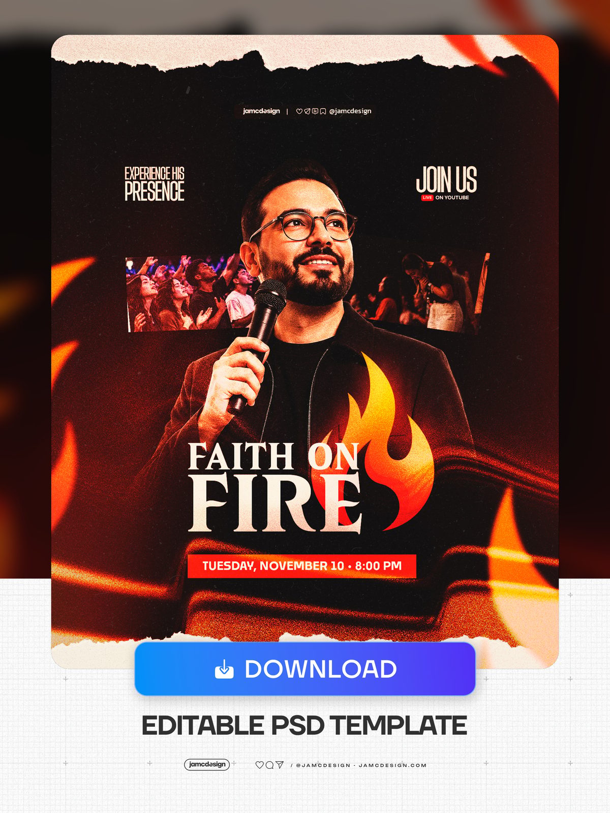 Faith On Fire Worship Night Flyer Template PSD. This PSD event flyer for a worship night pairs a central man holding a microphone with crowd photo panels — Additional preview
