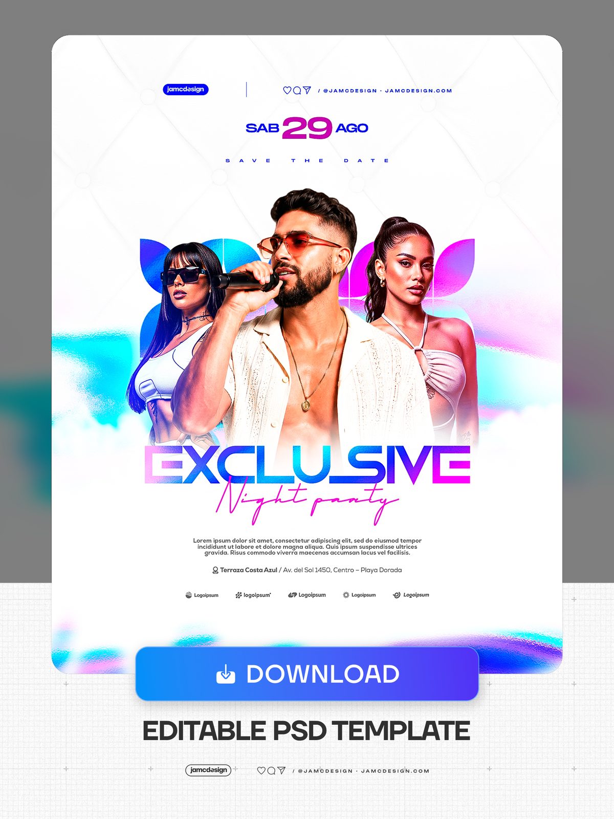 Exclusive Night Event Flyer Template PSD Editable. Editable PSD template for a night event flyer with a colorful gradient aesthetic in magenta — Additional preview