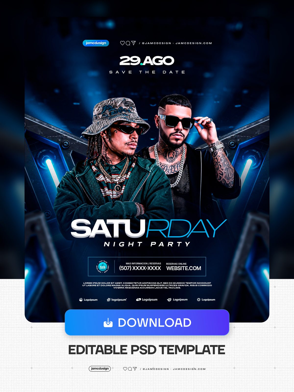 Flyer De Noche De Sábado Con Tubos De Luz Azul PSD. Plantilla de PSD editable para un flyer de club de noche de sábado con retratos gemelos de hombres — Vista previa adicional
