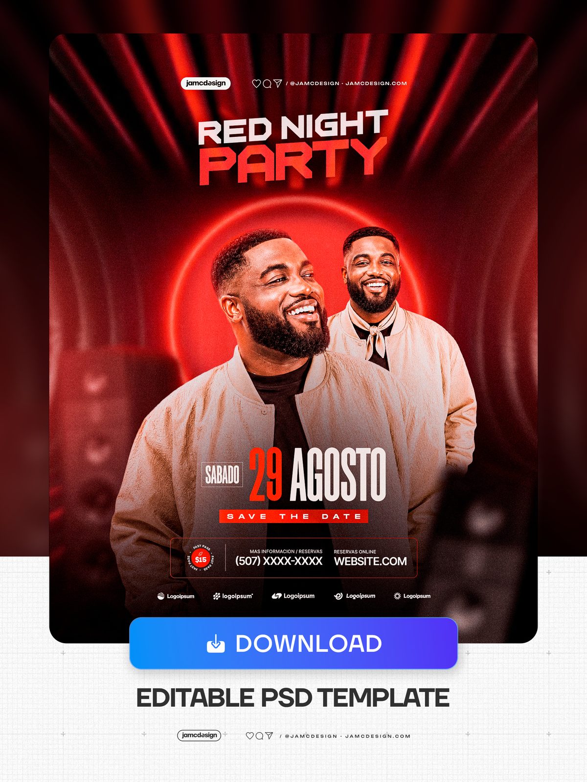 Plantilla de Flyer para Redes Sociales Evento Noche Roja PSD Editable. Plantilla de flyer editable en PSD para redes sociales con dos hombres sonrientes — Vista previa adicional