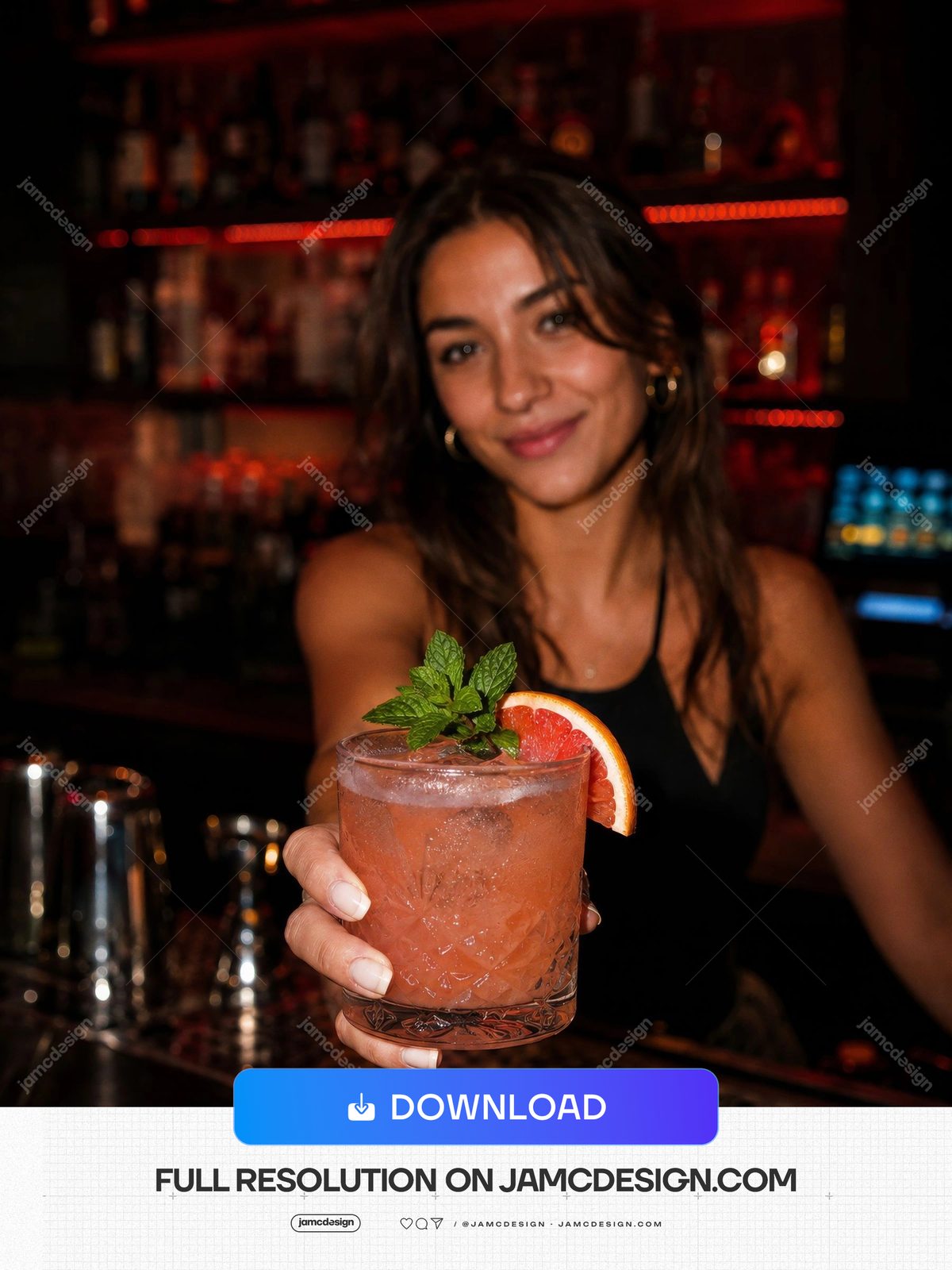 Bartender Serving Pink Grapefruit Cocktail At Night Bar. JPG photo of a woman bartender holding a pink grapefruit cocktail with mint garnish in a dim bar — Additional preview