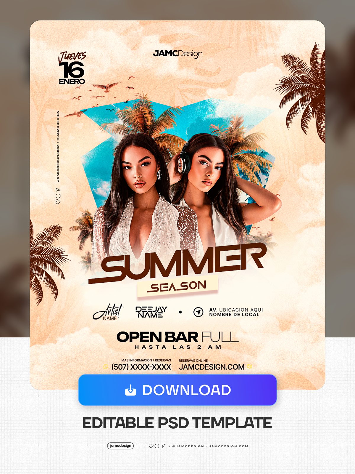 Summer Flyer Template With Portraits And Headphones PSD. Editable PSD template for a summer party flyer featuring two female portraits, one wearing headphones — Additional preview