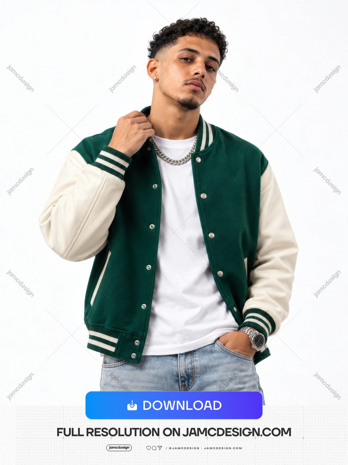 Young Man In Green Varsity Jacket On White Background PNG. This PNG photo features a young man in a green and cream varsity jacket — Additional preview