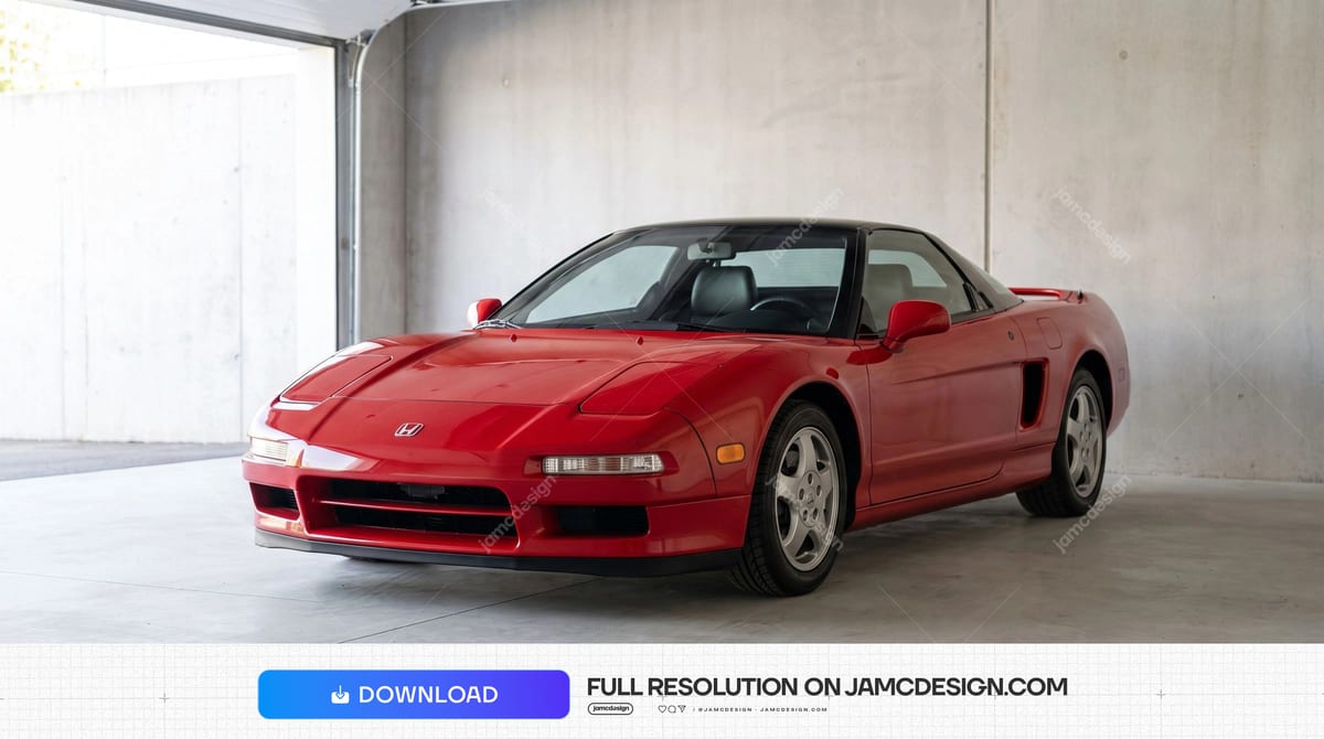Red Honda NSX In A Bright Garage. A JPG photo captures a red sports car parked in a bright concrete garage — Additional preview
