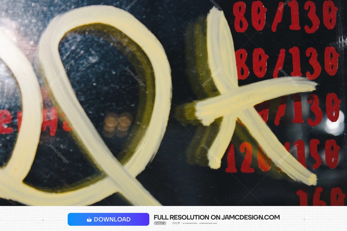 Dark Texture With Yellow Graffiti Strokes. This JPG texture features broad yellow graffiti strokes over a dark, speckled surface marked with red numerals — Additional preview