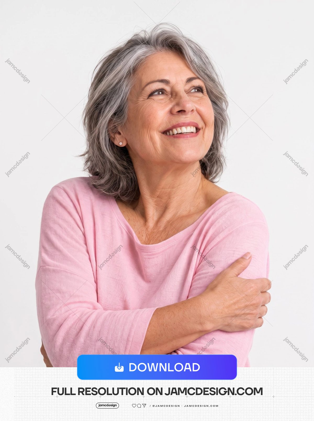Smiling Older Woman In Pink Sweater Portrait. This JPG photo shows a smiling older woman with short grey hair in a pink sweater — Additional preview