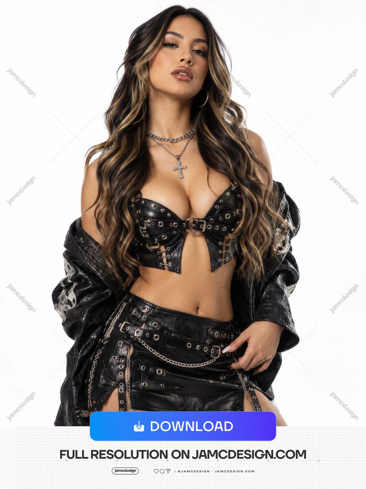 Glam Rock Woman Portrait In Studded Black Leather PNG. This PNG photo shows a fashion model in a black leather outfit with a studded top, short skirt — Additional preview