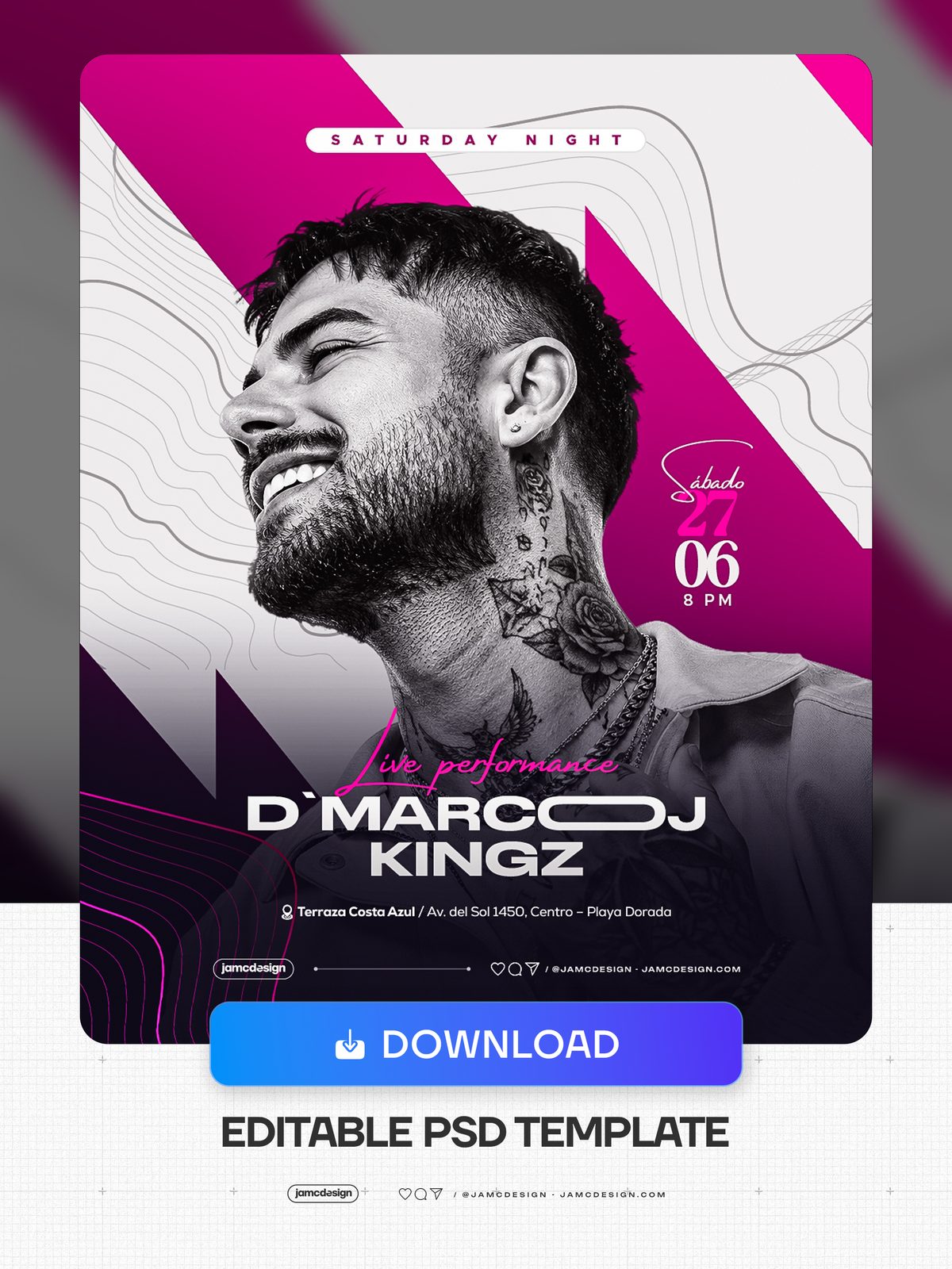 Flyer De Noche De Sábado Con Formas Magenta PSD. Plantilla de PSD editable para un flyer de evento de noche de sábado con un retrato en blanco y negro — Vista previa adicional