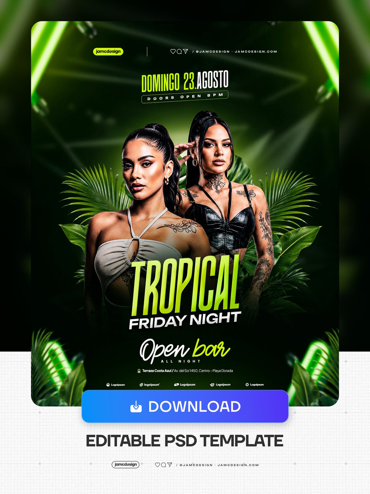 Tropical Friday Night Design Flyer Template PSD Editable. Editable PSD template for a Tropical Friday Night event flyer featuring two tattooed women in fitted — Additional preview