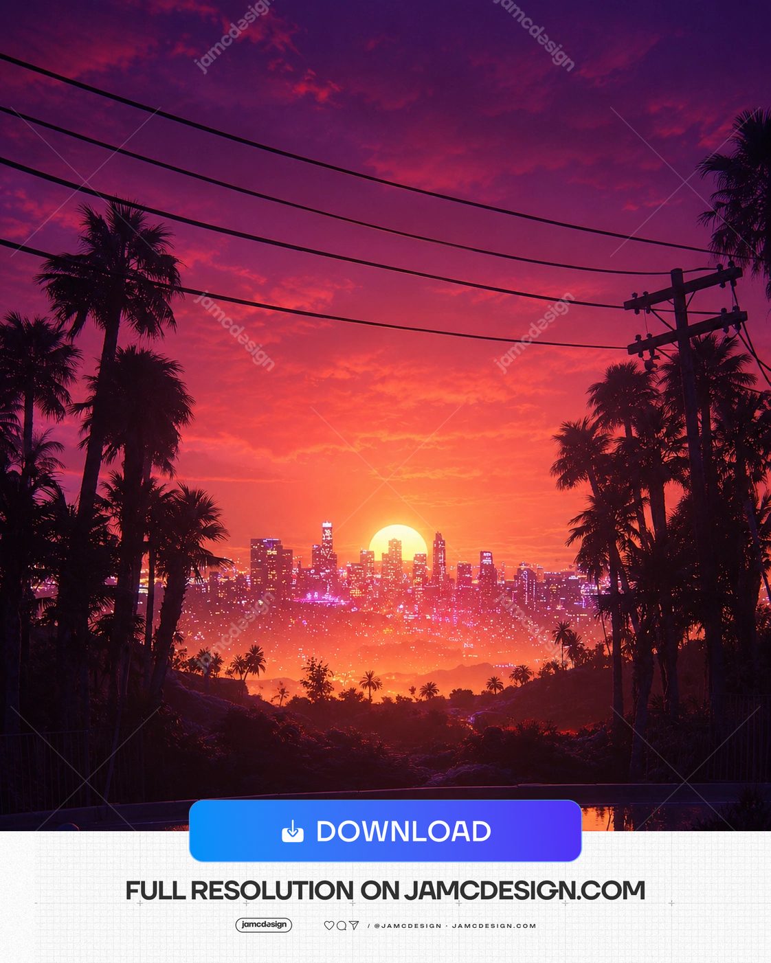 Fundo De Skyline Urbano Pôr Do Sol Vaporwave Com Palmeiras. Pôr do sol urbano vaporwave de roxo a laranja fornecido como fundo PNG, com palmeiras em silhueta — Prévia adicional