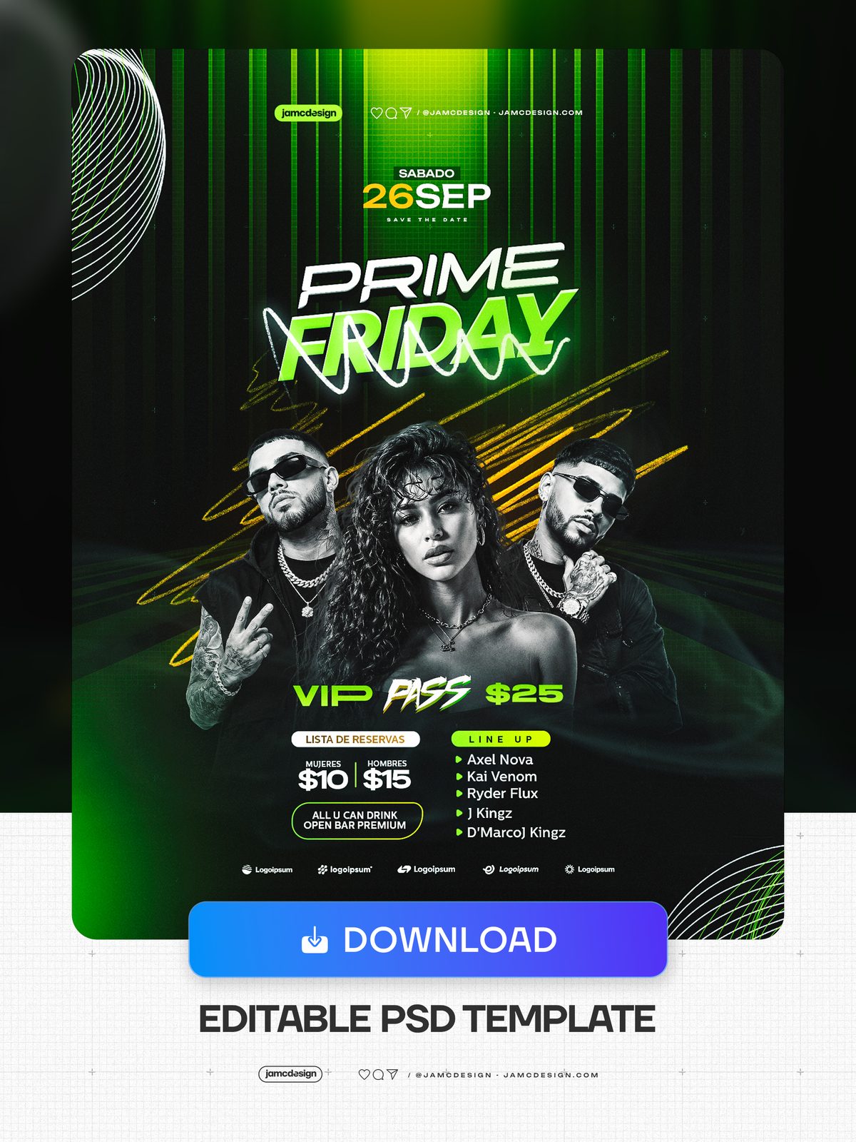 Plantilla De Flyer Prime De Sábado Con Retrato De Grupo Y Neón PSD. Flyer de evento en PSD editable con tres figuras de moda, una mujer central y dos hombres — Vista previa adicional