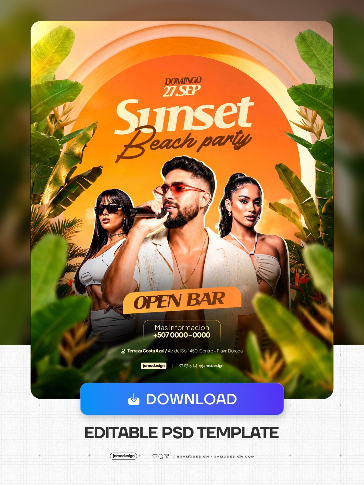 Sunset Beach Party Orange Arch Flyer Template PSD. Editable PSD template for a sunset beach party flyer, featuring a tropical orange arch, lush palm foliage — Additional preview