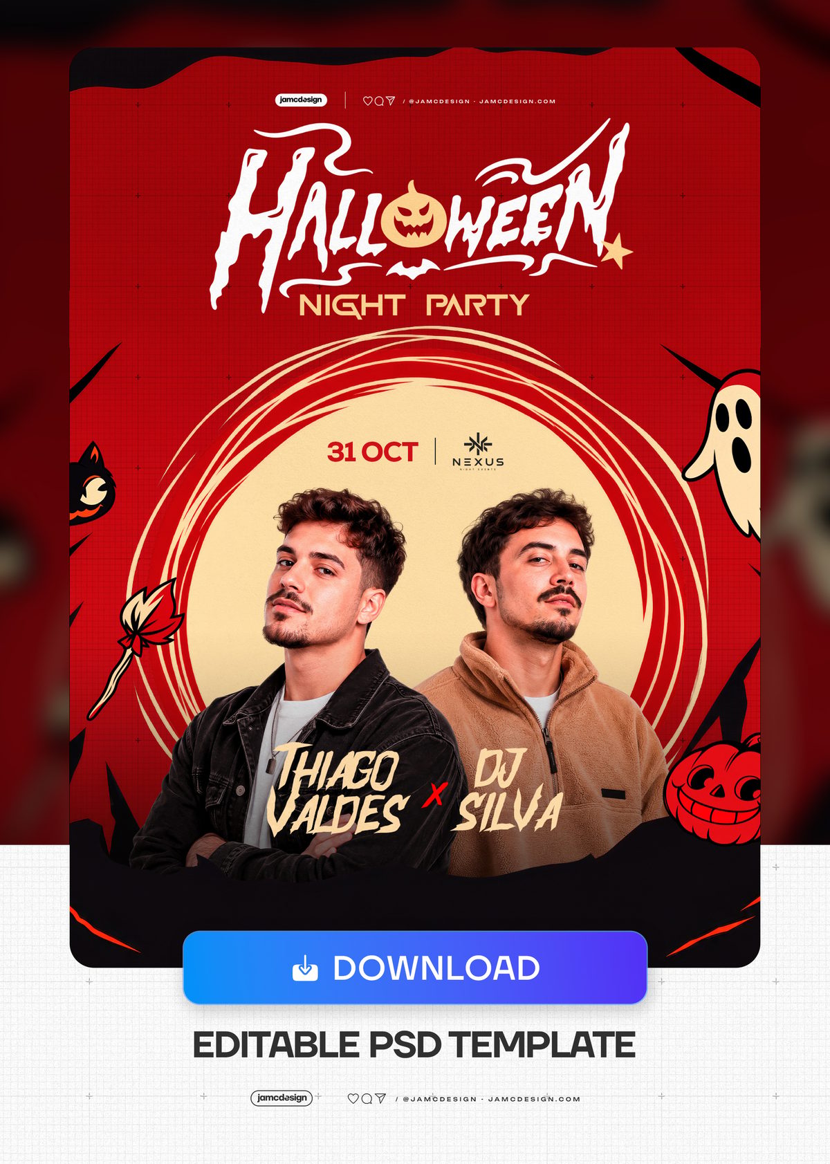 Halloween Night Party Flyer Template With Cream Circle PSD. This editable PSD event flyer pairs two male portraits with a bold horror style — Additional preview