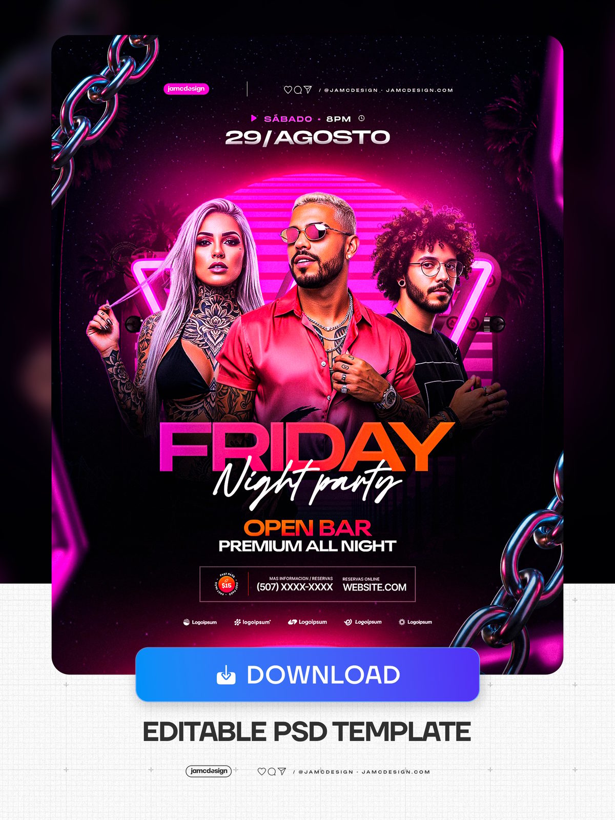 Friday Night Party Social Media Flyer Template PSD Editable. Editable PSD template for a Friday night party social media flyer — Additional preview