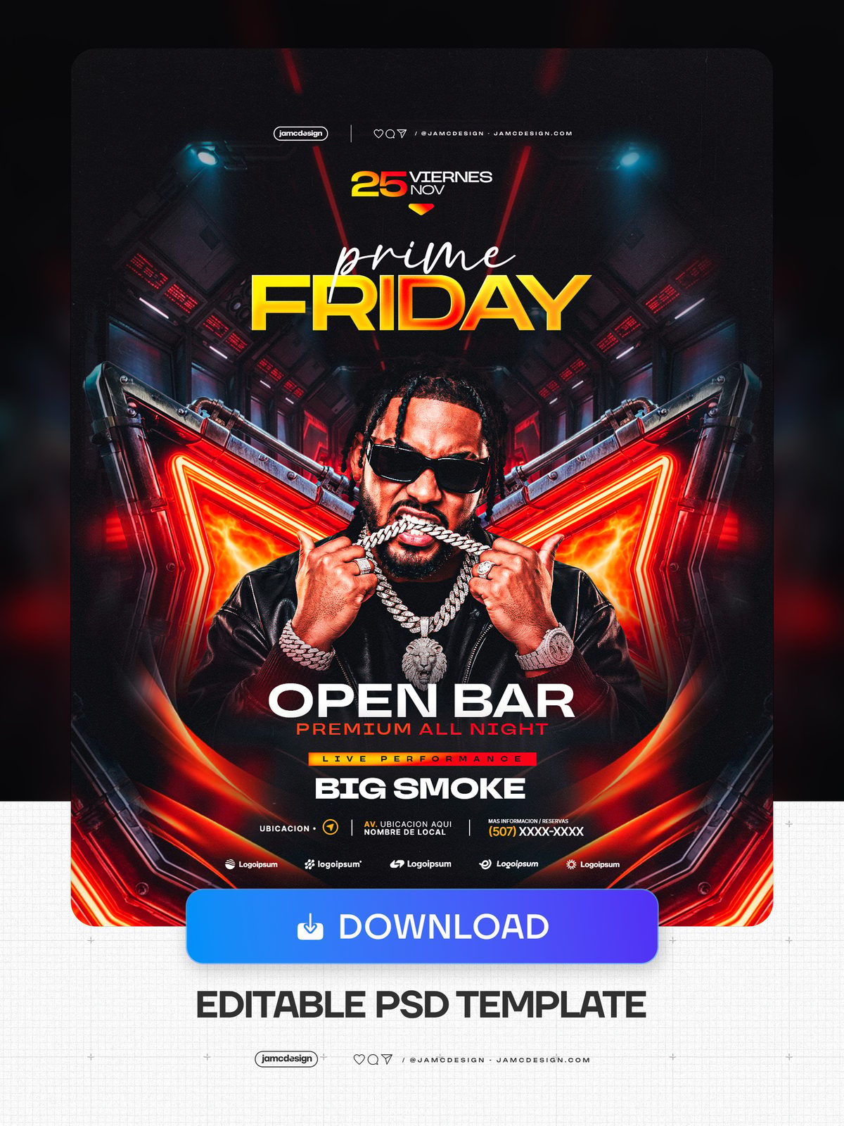 Prime Friday Flyer Template In A Futuristic Setting PSD. Download this editable PSD event flyer featuring a man in sunglasses and layered chains against — Additional preview