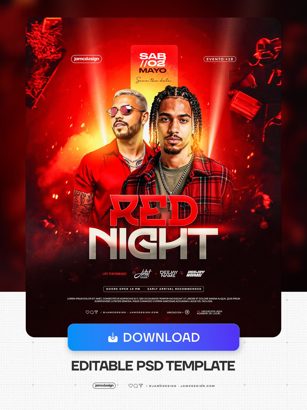 Plantilla De Flyer Noche Roja PSD Editable. Plantilla PSD editable para un flyer rojo de evento nocturno, con dos retratos masculinos en el centro — Vista previa adicional
