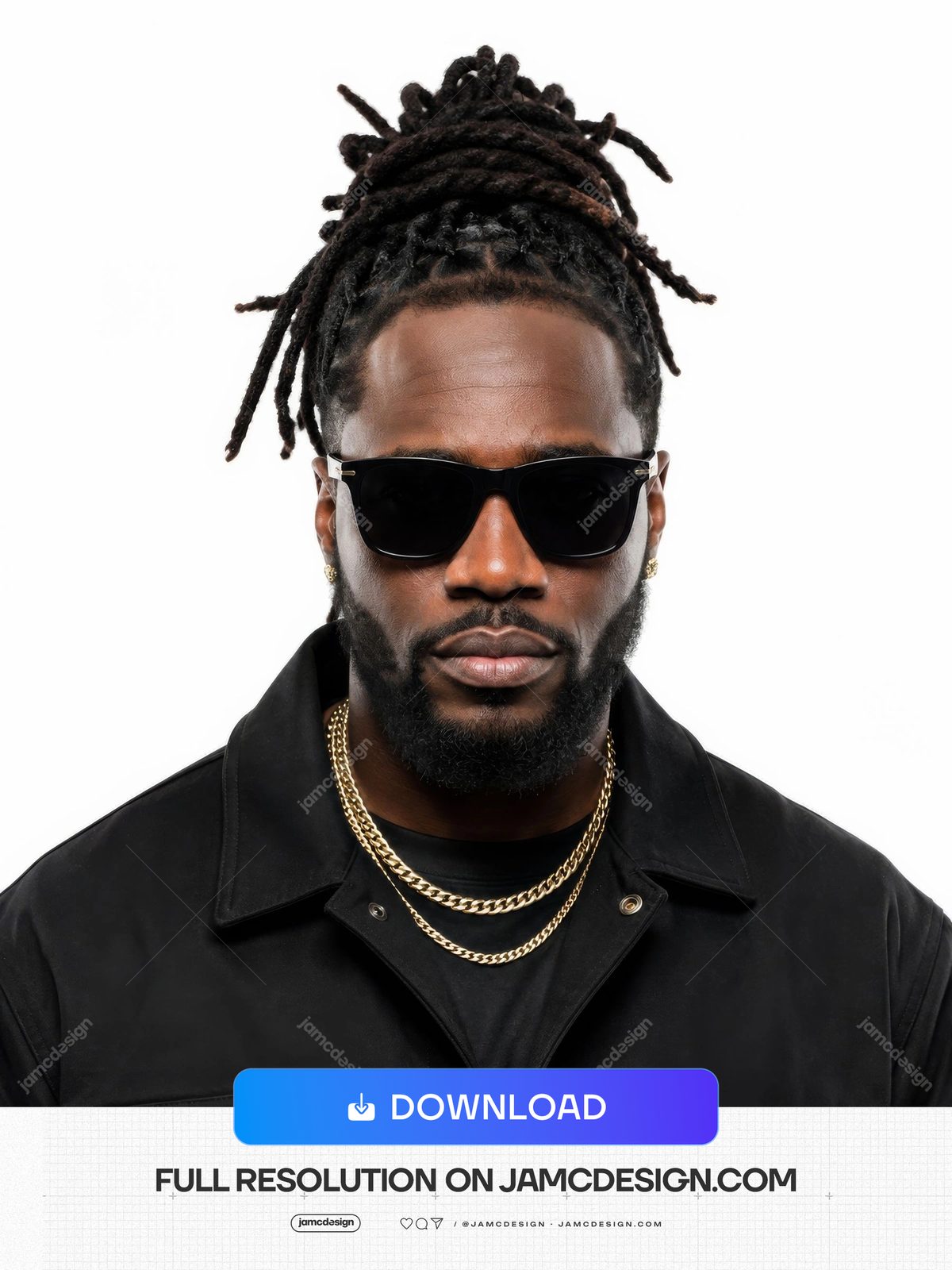 Dreadlocked Male Artist With Sunglasses Studio Portrait. JPG photo of a dreadlocked male artist wearing sunglasses and a black jacket — Additional preview