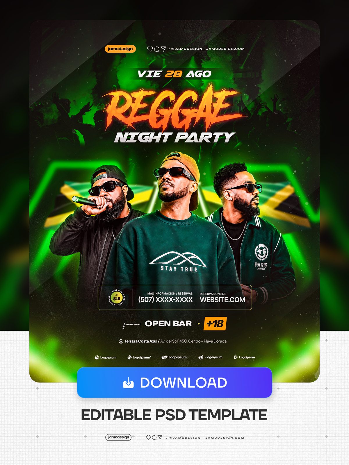 Modèle De Flyer Soirée Reggae Événement PSD Modifiable. Modèle PSD modifiable pour un flyer de soirée reggae sur les réseaux sociaux — Aperçu supplémentaire