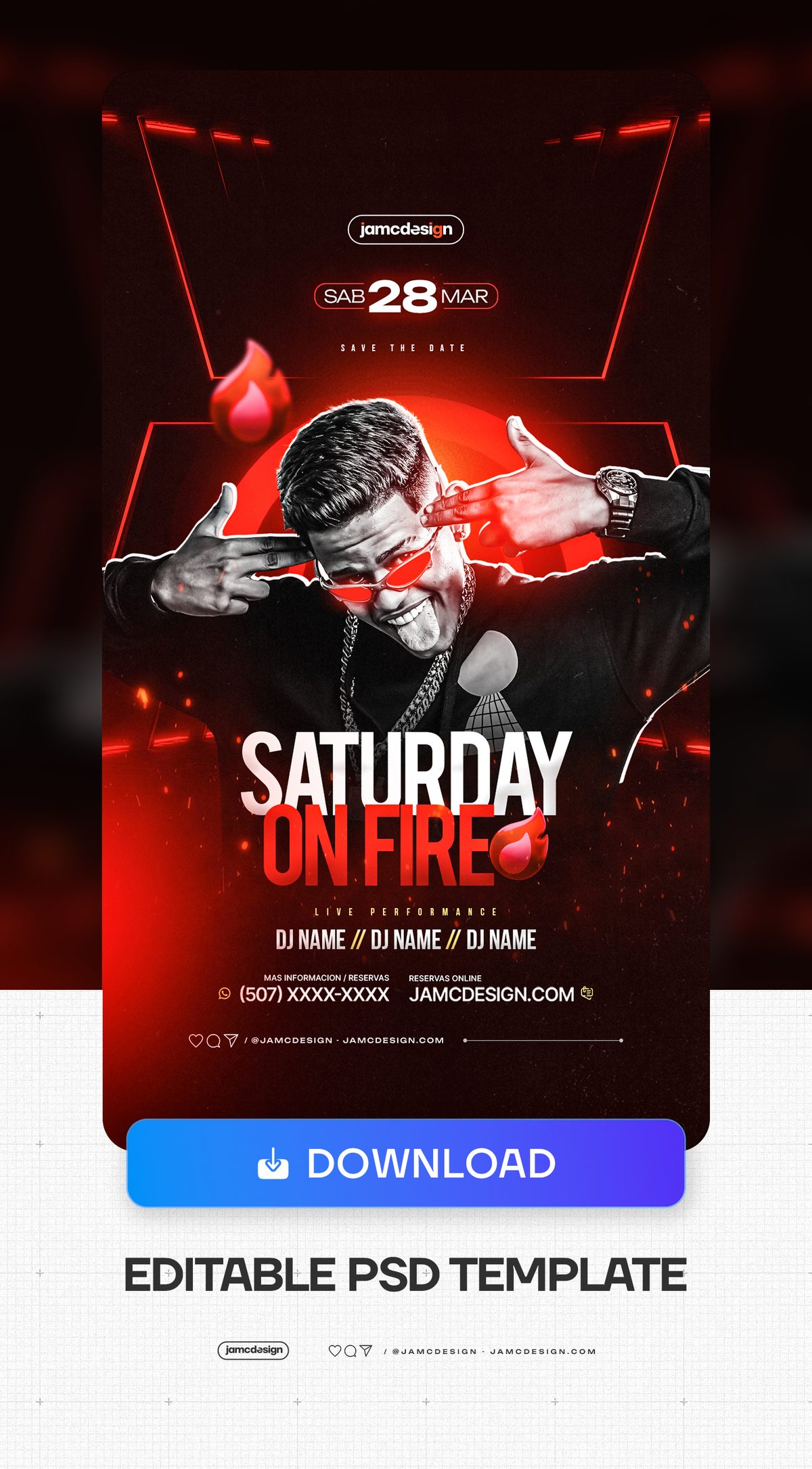 Saturday Nightclub Flyer Template PSD. Editable PSD template for a Saturday event flyer with a dark red composition — Additional preview