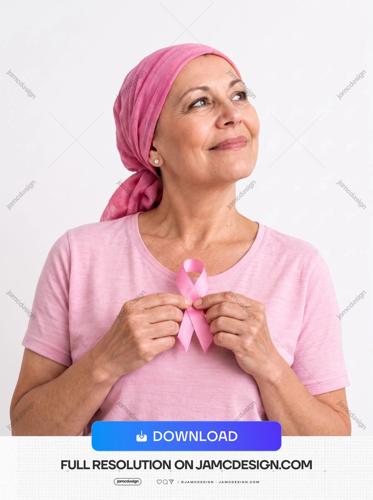 Woman Holding A Pink Awareness Ribbon Photo. This JPG photo features a woman in a pink headscarf and shirt holding a pink awareness ribbon against a plain — Additional preview