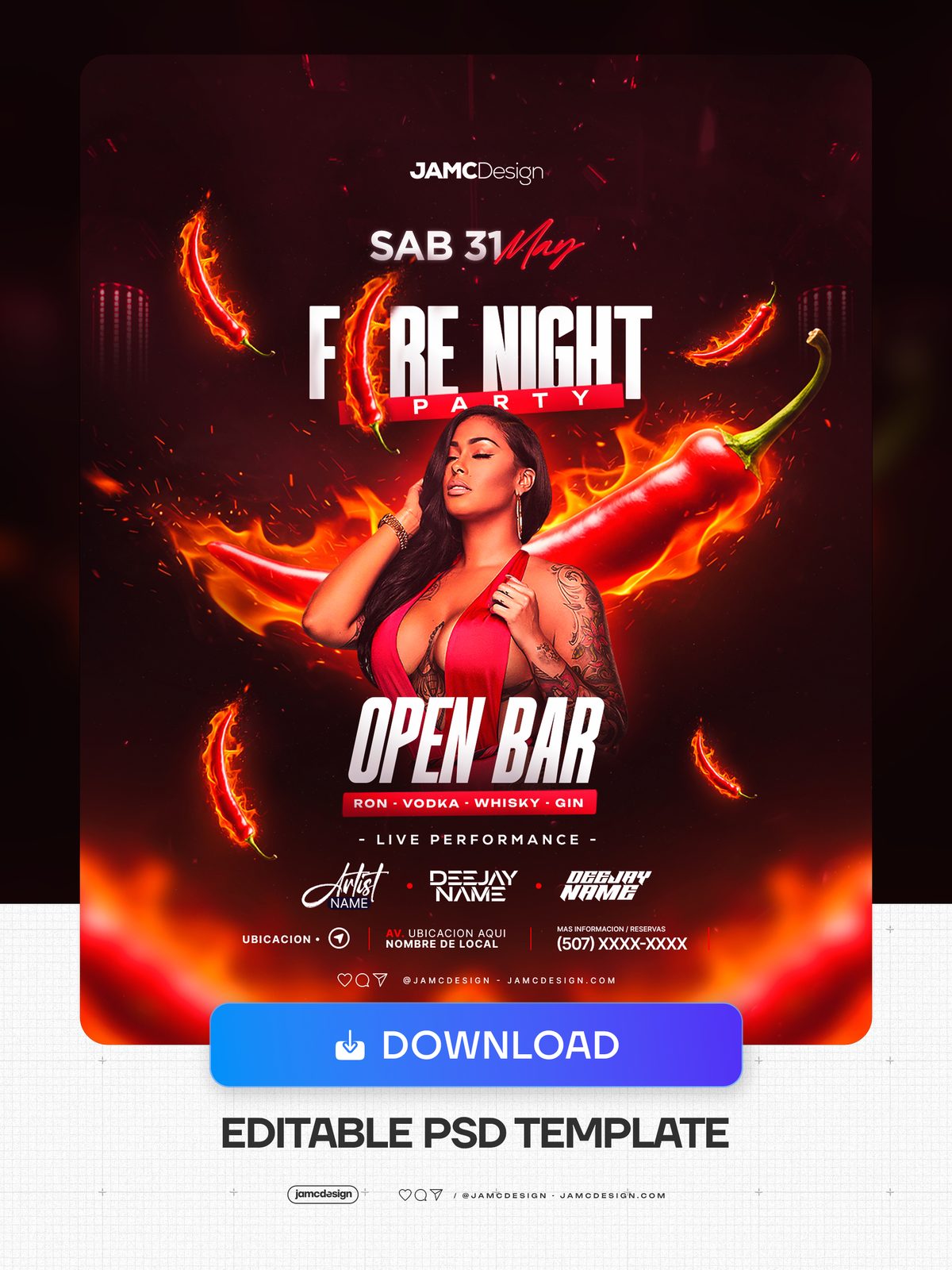 Fire Night Party Flyer Template PSD. Editable PSD template for a fire-themed night party flyer with a dark composition in black and red — Additional preview