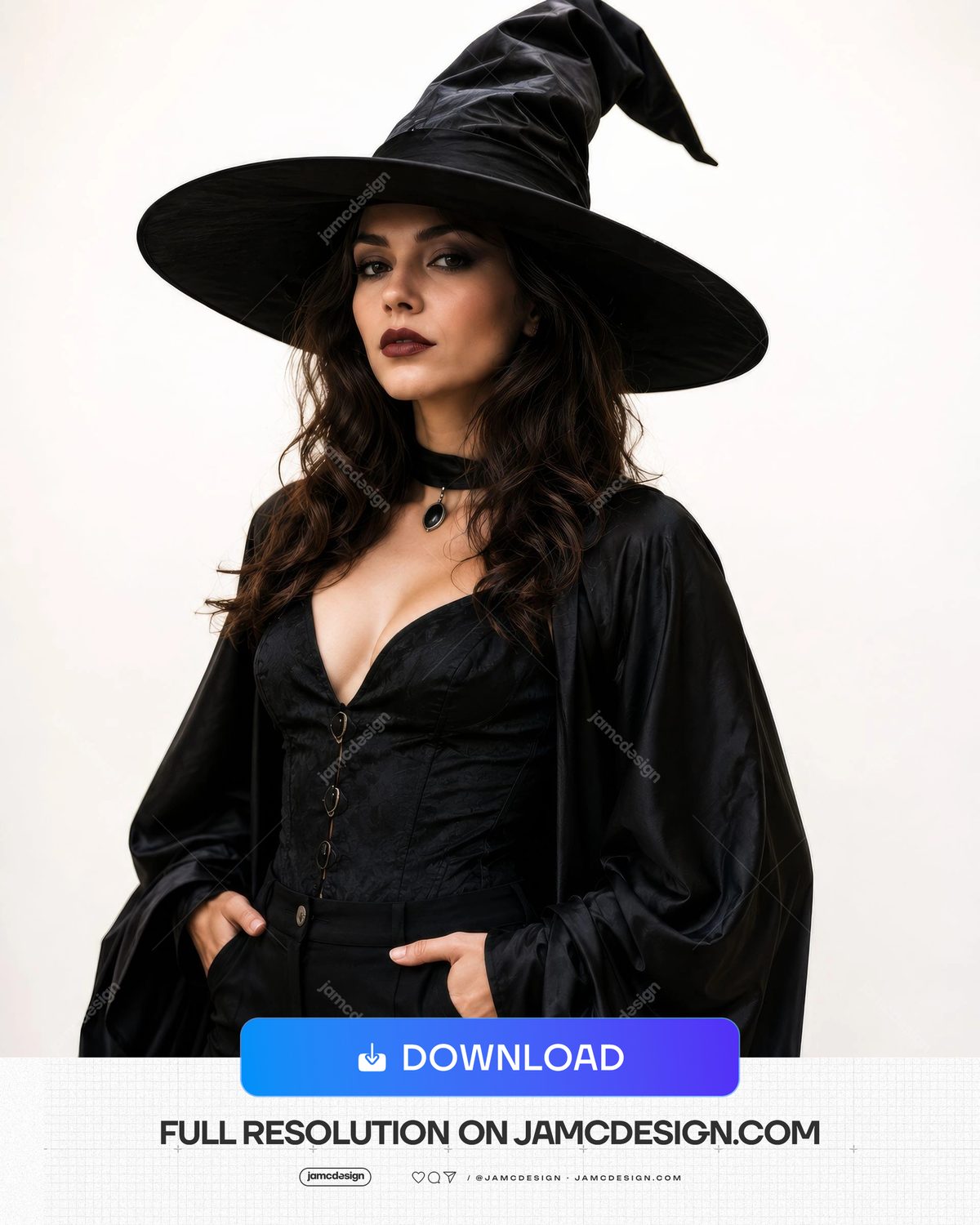 Foto De Retrato De Modelo Con Disfraz Elegante De Bruja Gótica Y Atuendo Negro. Una foto realista en JPG muestra a una mujer con sombrero negro de bruja — Vista previa adicional