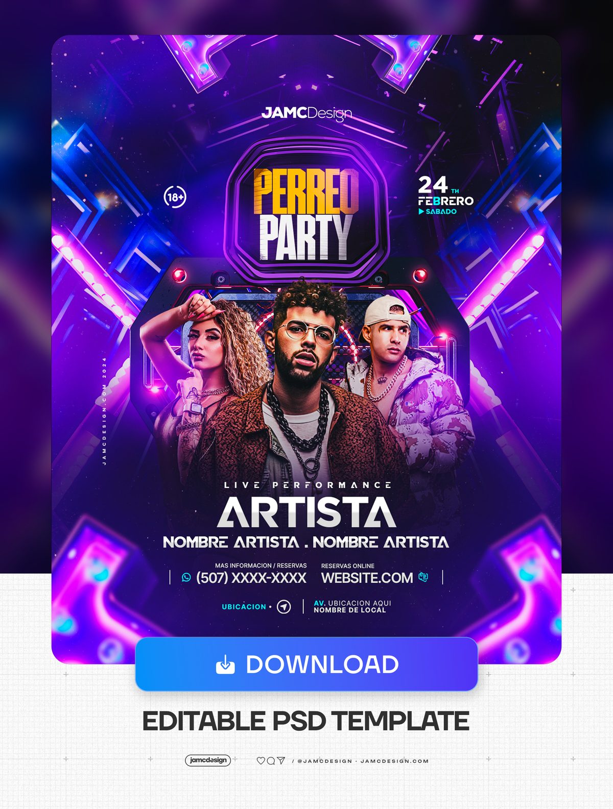 Perreo Party Flyer Template PSD. Editable PSD template for a perreo party flyer with a futuristic neon composition in purple, blue and pink — Additional preview