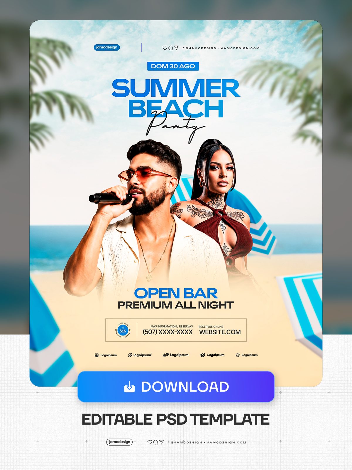 Summer Beach Event Social Media Flyer Template PSD Editable. PSD template for a summer beach party social media flyer — Additional preview