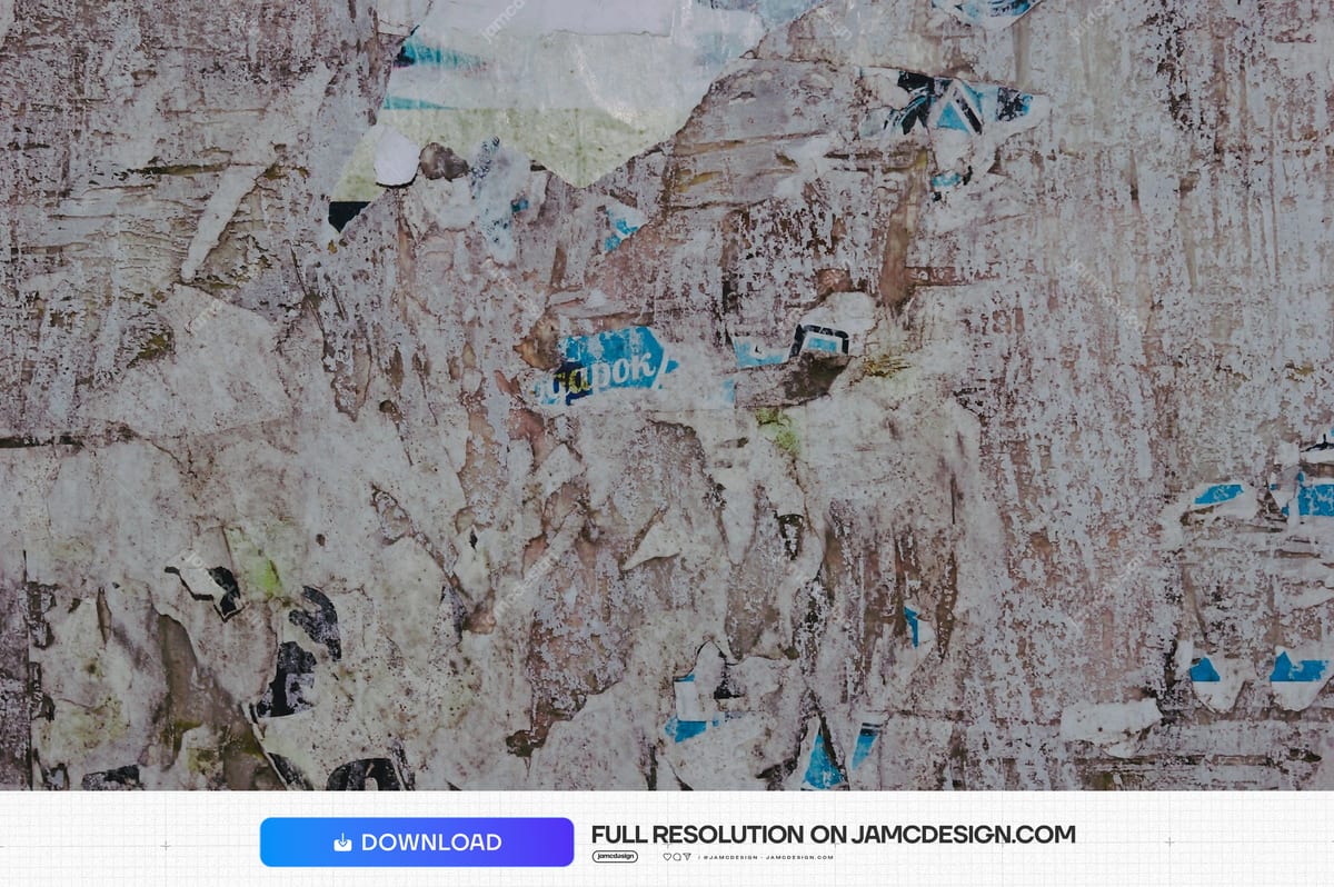Grunge Texture Of Torn Layered Posters On A Wall. This JPG texture shows overlapping, torn paper posters on a weathered wall — Additional preview