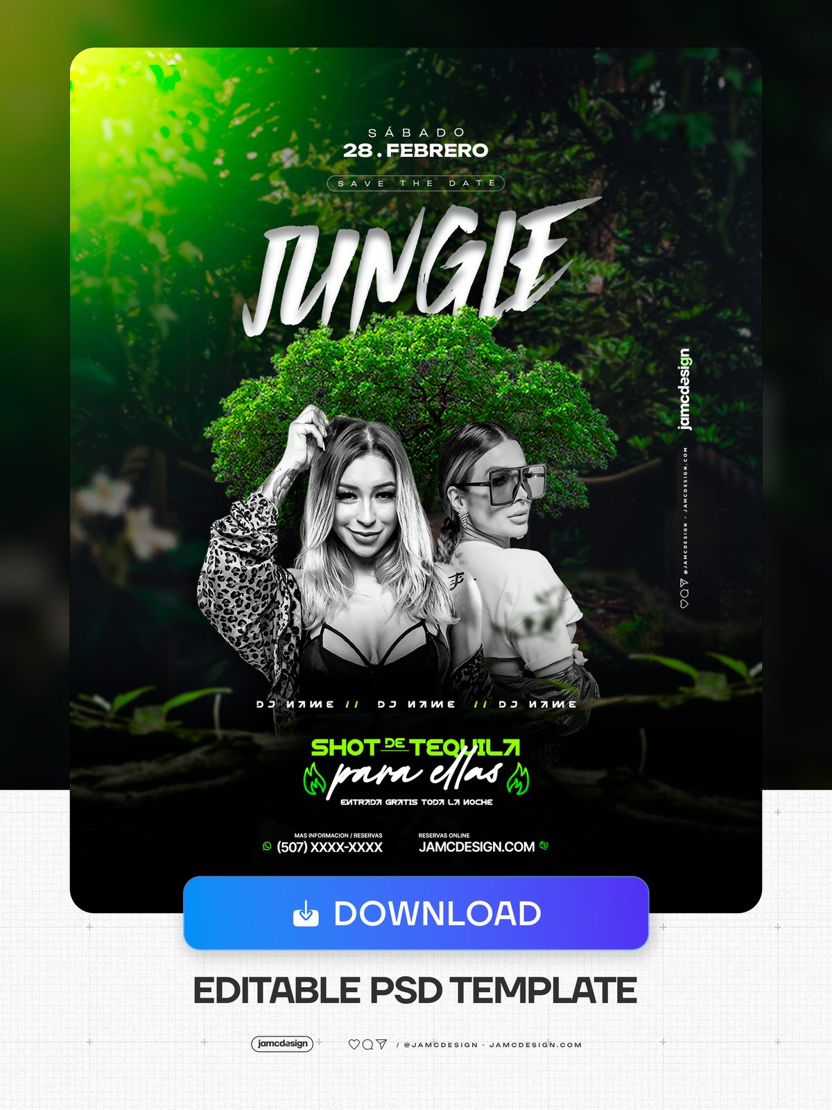 Jungle Flyer Template PSD. Editable PSD template for a Saturday night jungle party flyer, with a dark green forest backdrop, two female portraits — Additional preview