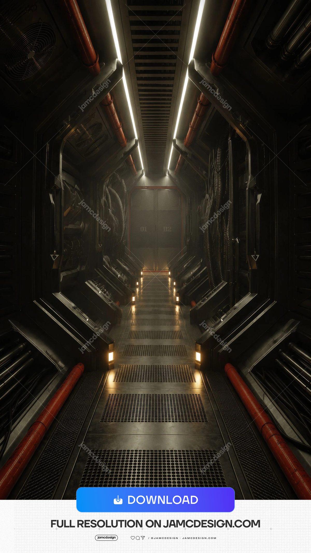 Dark Industrial Sci Fi Corridor Spaceship Background. Dark industrial spaceship corridor supplied as a JPG background, with metal wall panels — Additional preview