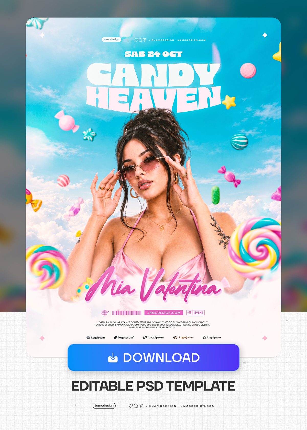 Candy Heaven Party Flyer Template PSD. This PSD event flyer pairs a fashion model in tinted glasses with floating sweets and oversized lollipops against — Additional preview