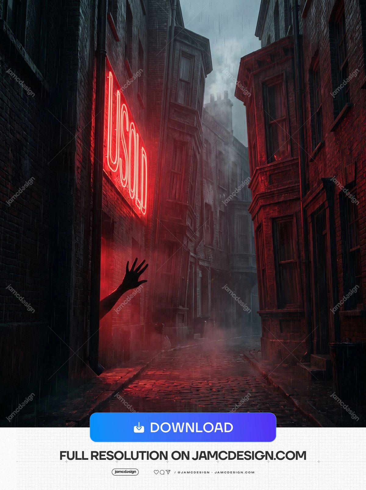 Shadowy Hand Reaching From Neon Alley Horror Red Fog Background. JPG background showing a narrow rain soaked brick alley between tall old buildings — Additional preview