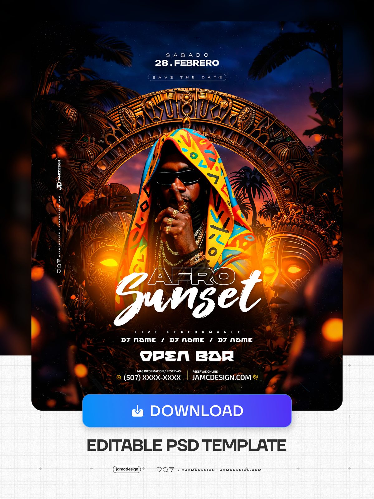 Afro Sunset Flyer Template PSD. Editable PSD template for an Afro sunset party flyer, featuring a man in a colorful patterned hood, gold jewelry and rings — Additional preview