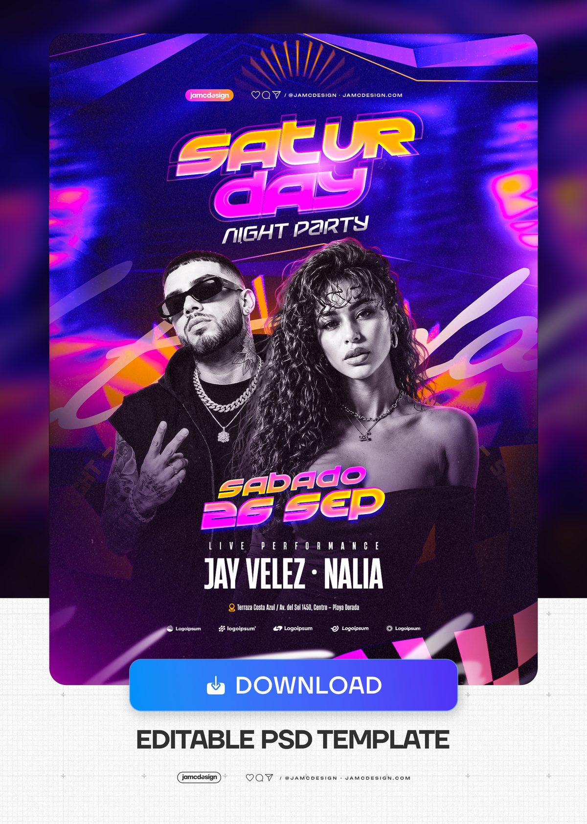 Saturday Night Event Flyer Template PSD. Editable PSD event flyer template featuring a man and woman performer duo, bold condensed lettering, and vivid purple — Additional preview