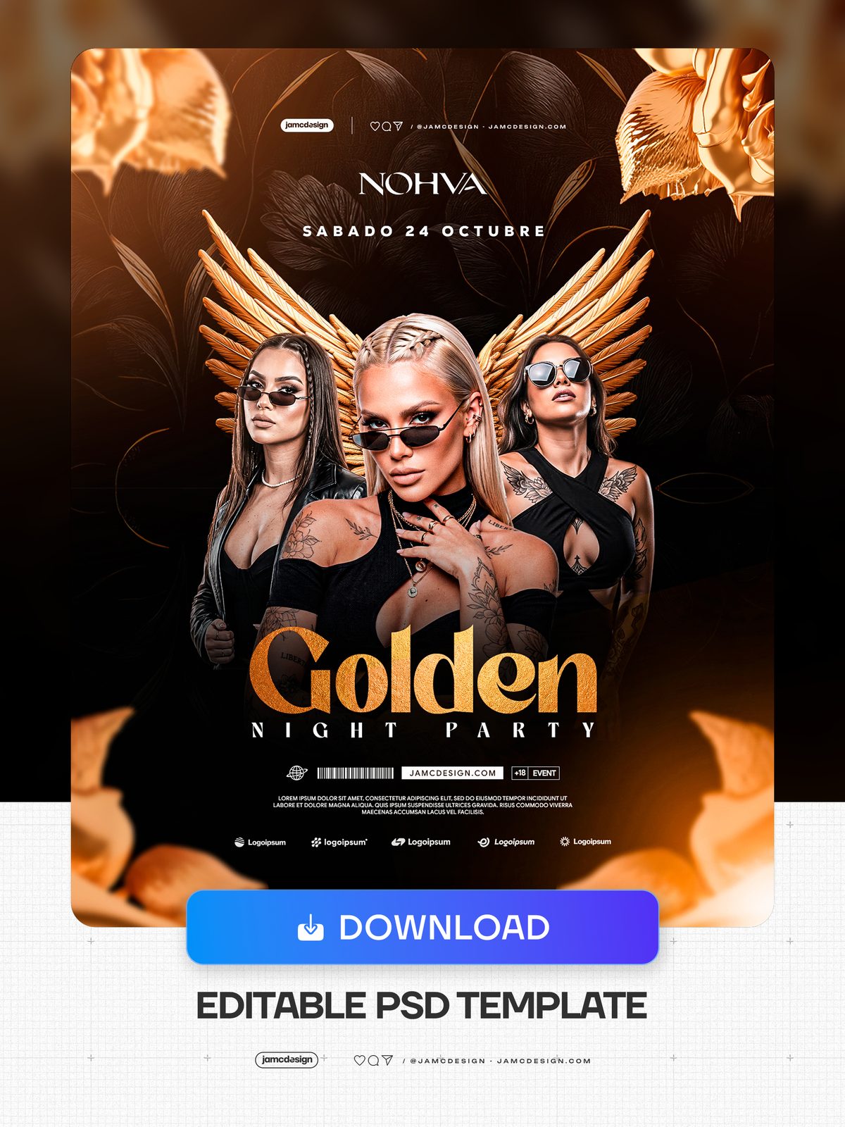 Gold Feather Night Party Flyer Template PSD. Download this PSD event flyer featuring three fashion models in black outfits beneath fan shaped golden accents — Additional preview