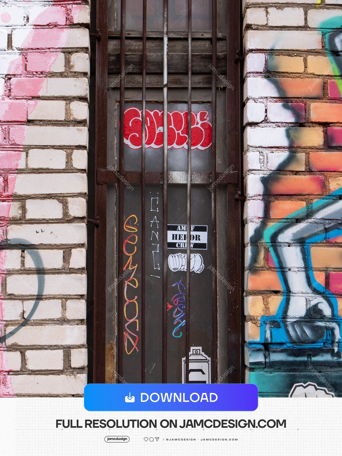 Urban Graffiti Brick Wall Texture PNG. This PNG texture shows a barred doorway set into a graffiti covered brick wall — Additional preview