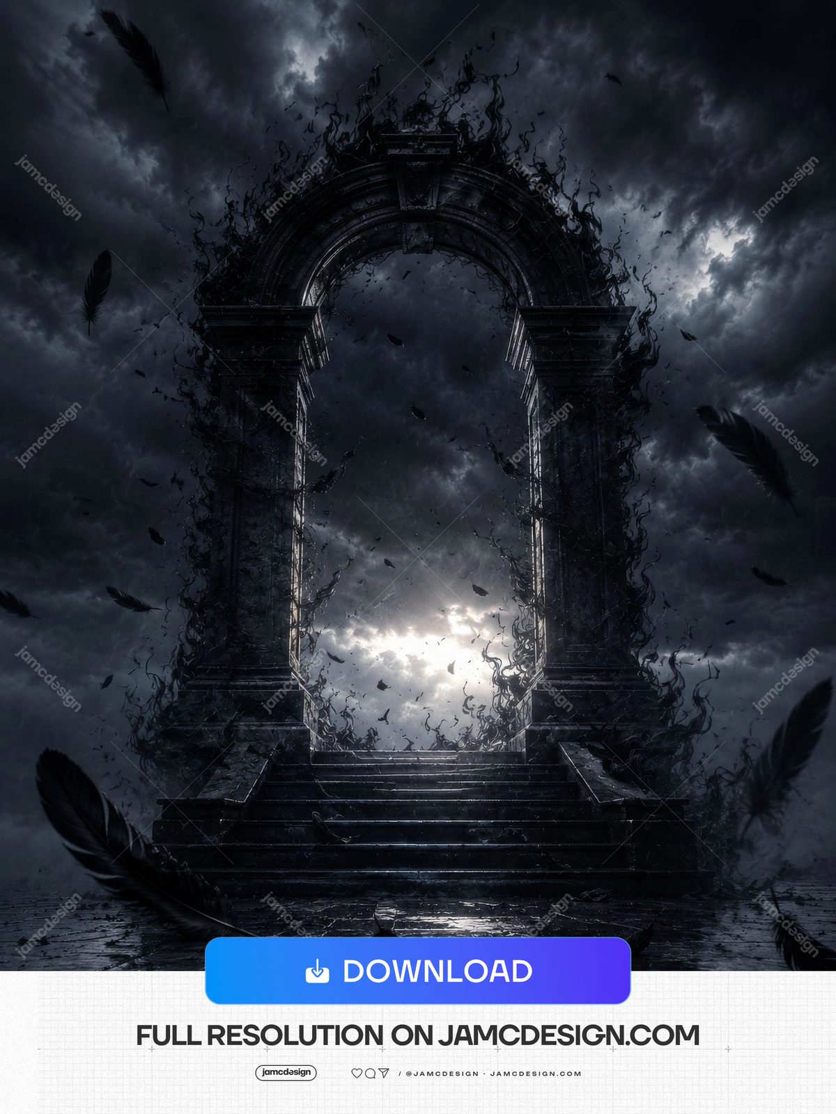 Stormy Gothic Portal Halloween Moonlit Stone Arch Background. JPG background featuring a monumental stone archway and steps beneath storm clouds — Additional preview