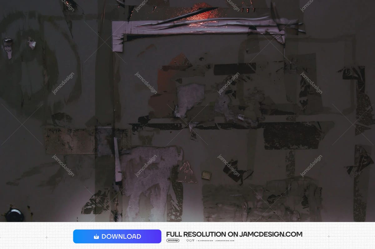 Dark Wall Texture With Torn Paper Layers. Download this JPG wall texture, a dark, distressed surface of layered torn paper remnants — Additional preview