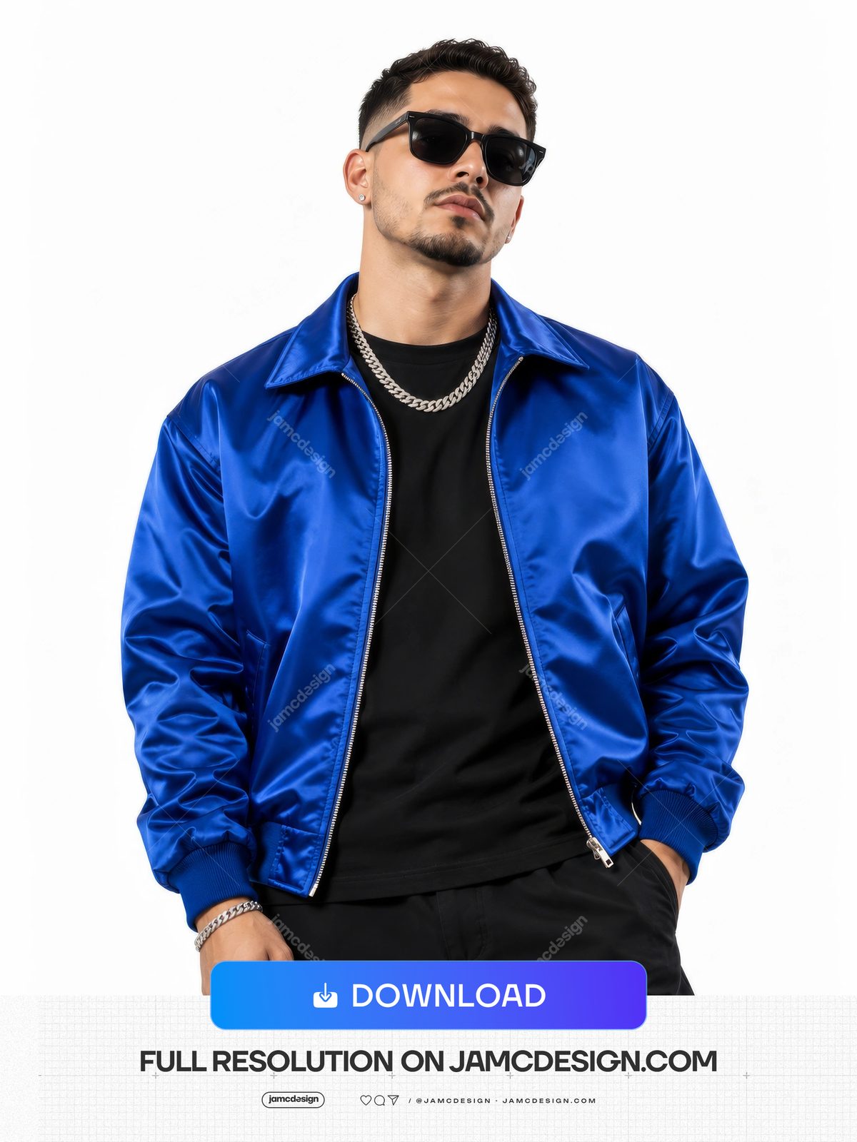 Man In Blue Satin Jacket And Sunglasses PNG. This PNG photo shows a man posing in dark sunglasses — Additional preview